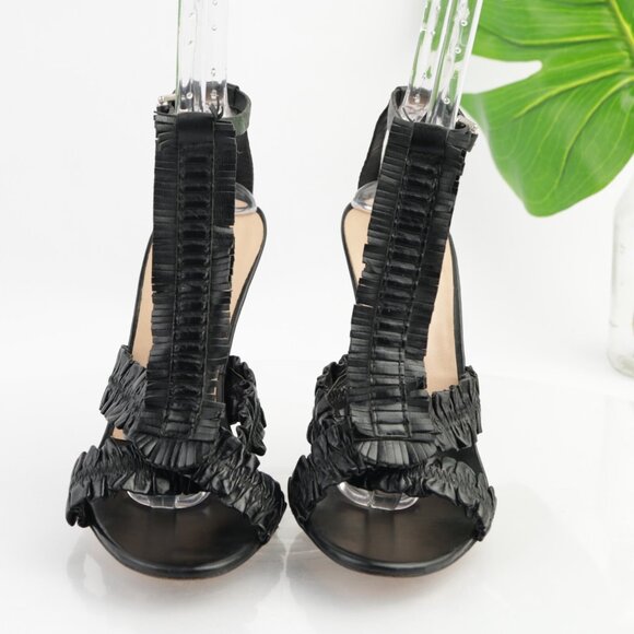 LAMB Womens Lita Sandals Size 10 Black Leather Ruffle T-Strap Heels Gwen Stefani - Picture 2 of 15